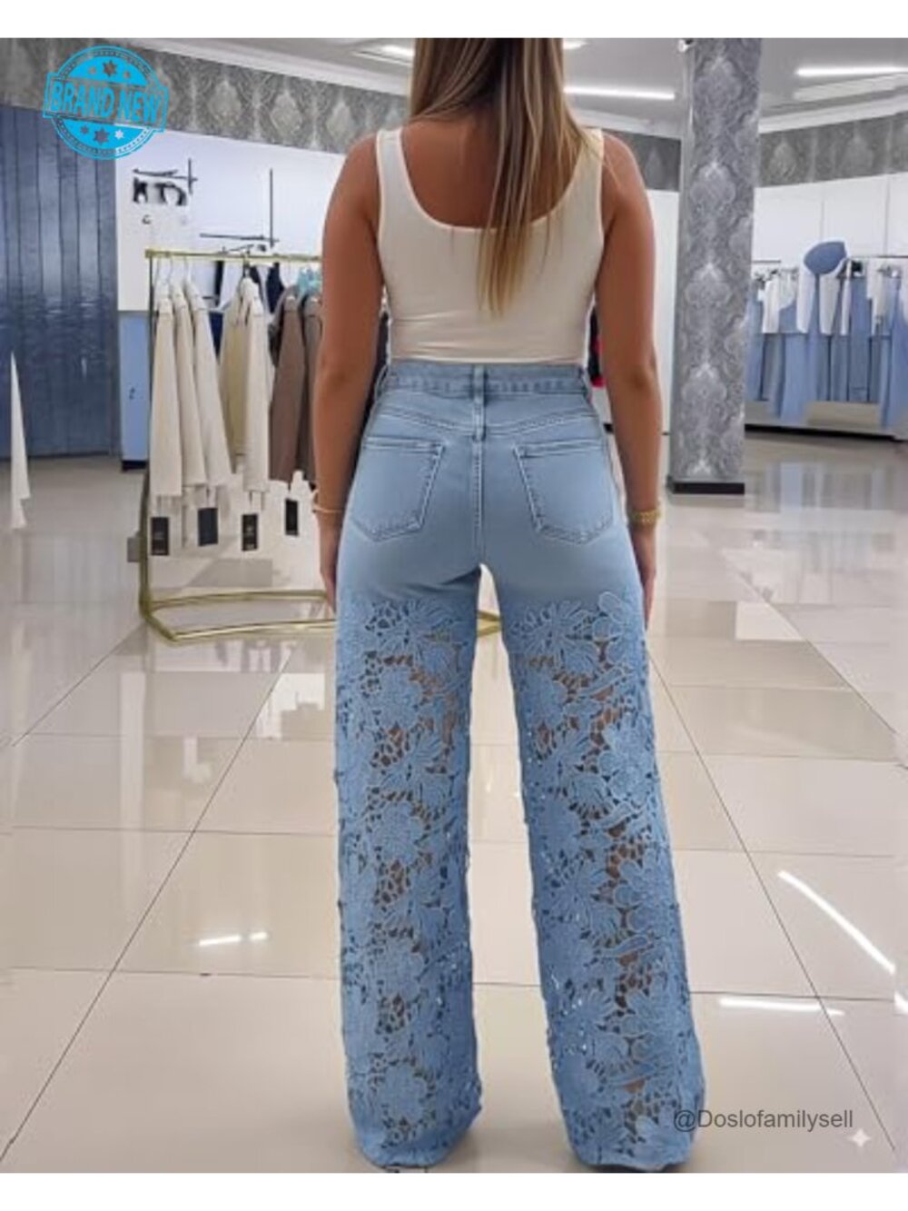 High Waist Wide Leg Jeans with Lace Spliced Floral Detail Stretchy Zipper - Picture 4 of 7